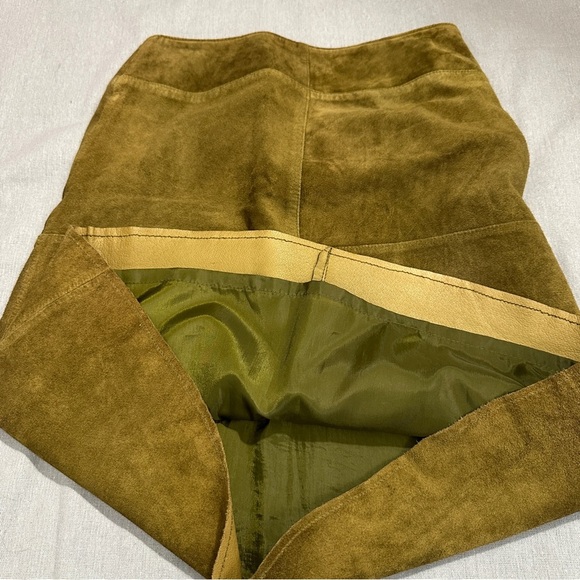 Vintage Peyton Place size 9 suede skirt, polyester lining, green/brown, fall - Picture 6 of 9